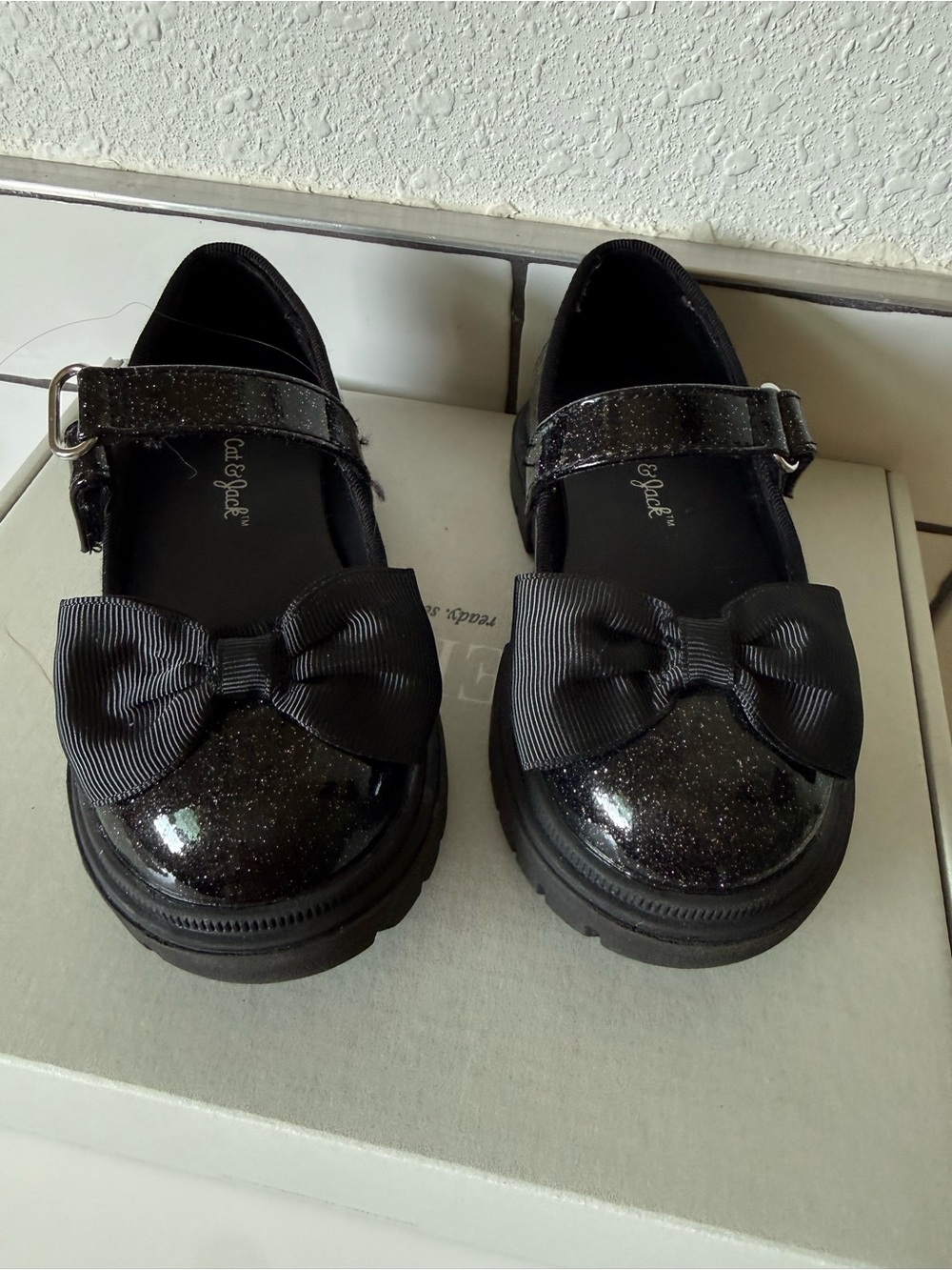 Cato Black Glitter Bow Mary Jane Shoes for Kids